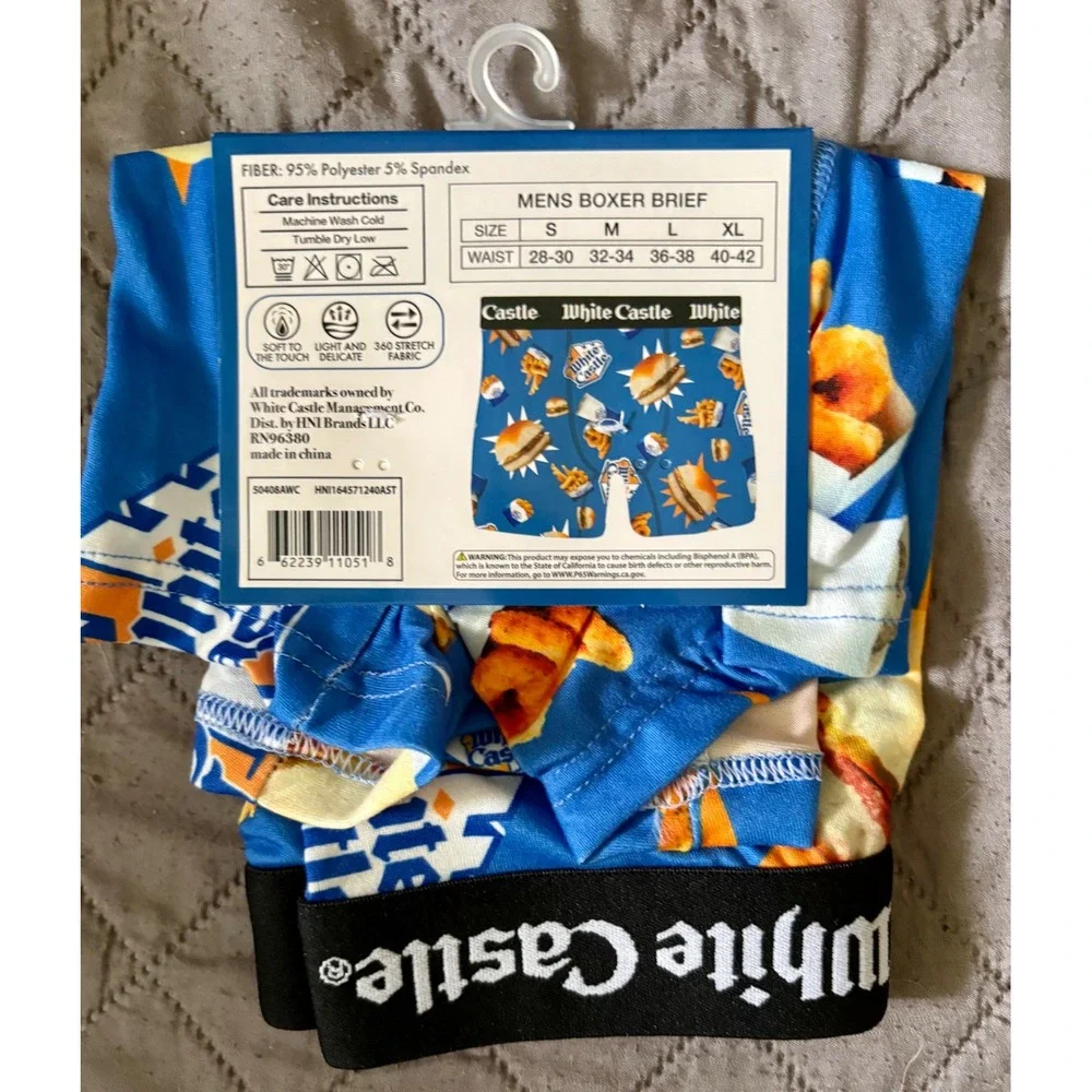 White Castle Mens Boxer Briefs Small 28-30 Blue Food Print Sliders Fries Novelty